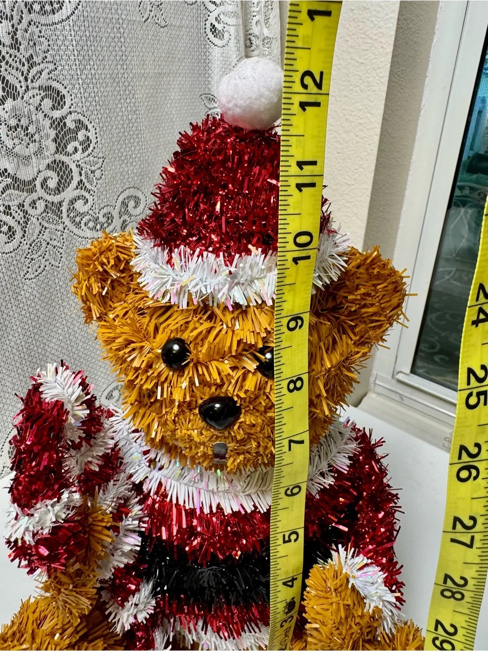 Large Tinsel Bear Holiday Figurine - Brown & Red